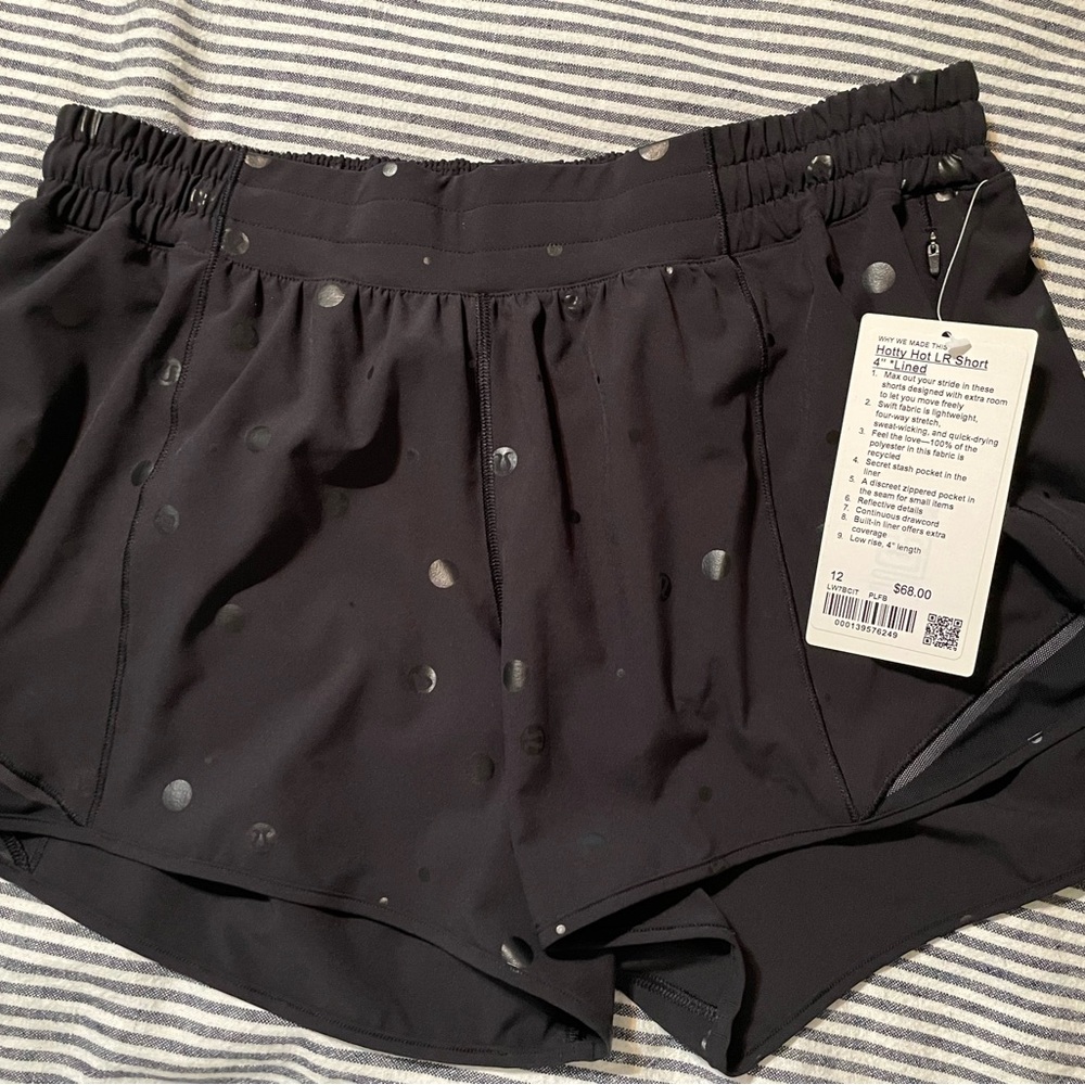 Lululemon Hotty hot polka dot logo short size 12. BNWT